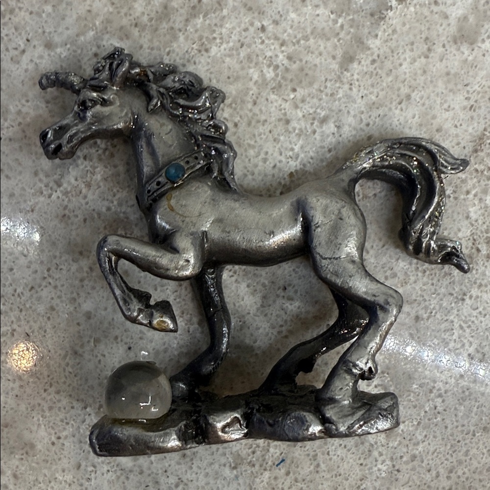 Pewter Unicorn with chrystal ball Figurine 2”x2”